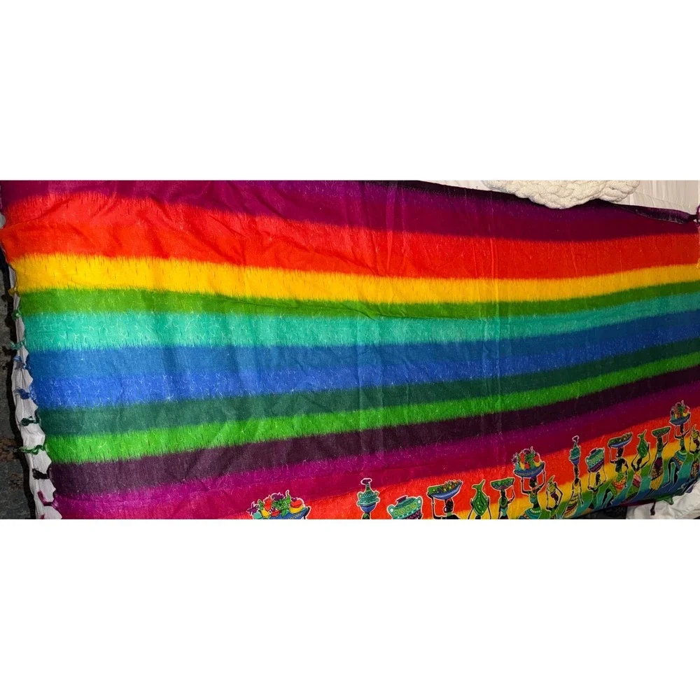 African Rainbow Striped Tapestry Wall Hanging Women Carrying Basket Fringe 44x68